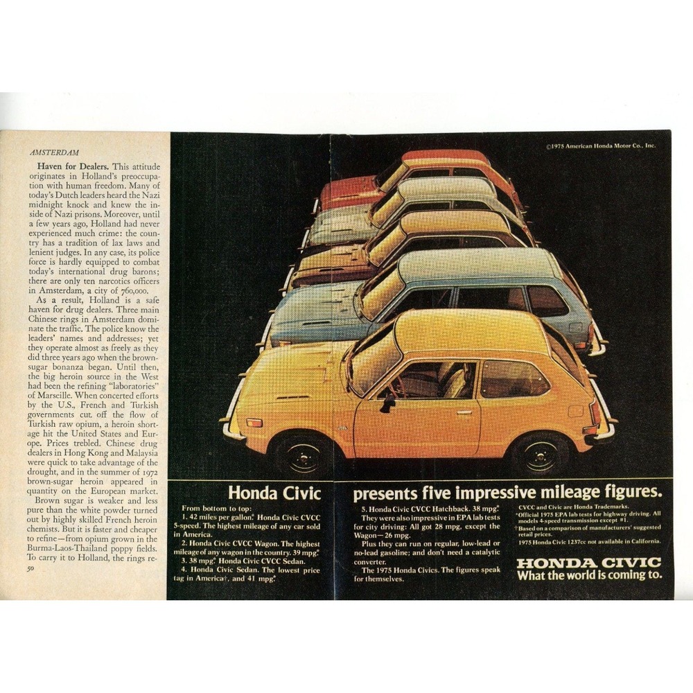 Honda‎ Civic CVCC 5-Speed Wagon Sedan Hatchback 1975 Vintage Print Ad 2 Pages